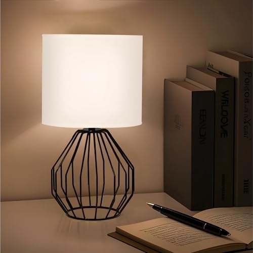 Small Table Lamp Black, Modern Minimalist Desk Lamp with Metal Base White Fabric Shade, Bedside Nightsand Table Lamp for Bedroom, Living Room, Kids Room