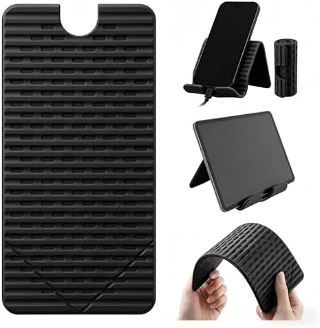 Flexible Silicone Aluminum Phone Holder Tablet Stand with Charging Port Design, Foldable Airplane Laptop/Phone Stand for Home Office Travel (Black)