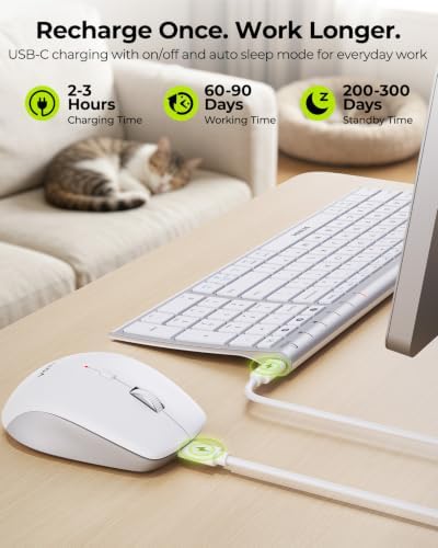 seenda COE401 Bluetooth Keyboard Mouse Combo, Rechargeable, White Silver
