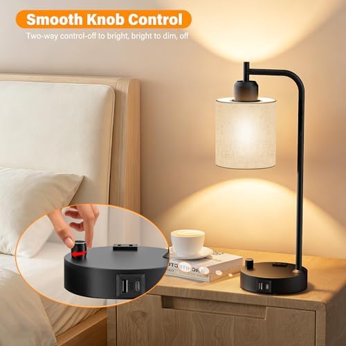 SIBRILLE Industrial Table Lamps with Linen Shade, Set of 2 Fully Dimmable Bedside Lamps with USB A+C Ports and Outlet, Black Nightstand Desk Lamps for Bedrooms Living Room Office, 2 LED Bulbs Included