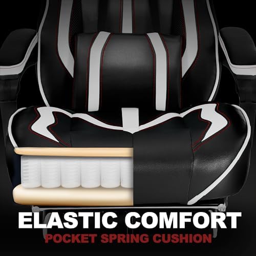 Vonesse Gaming Chair with Footrest,Reclining Computer Gaming Chair for Adults,Big and Tall Gamer Chair with Massage,Ergonomic High Back (White/Black)