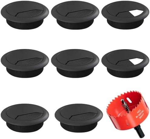 Desk Grommet 3-1/8 inch (80mm) - 8 Pack Black Cable Grommet & Desk Hole Cover with Hole Saw for Cables, Cord Management for Office, TV, and Home Table