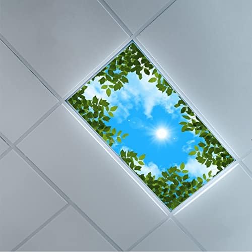 Fluorescent Light Cover Decorative Ceiling Light Filters,Tree Leaves Sky Clouds Pattern,for Classroom Office Hospitals Home Ceiling Decorative,2ft x 4ft,Green
