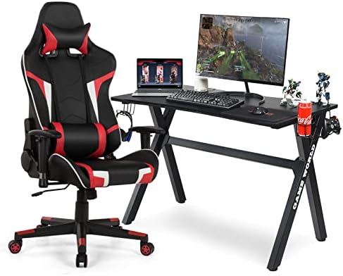 GYMAX Gaming Chair, Massage Gaming Chairs for Adults with Headrest, Lumbar Support & Armrest, Video Computer Reclining Gaming Chair, Office Desk Gamer Task Chair (Red with Black X-Shape Desk)