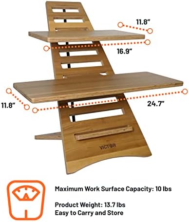 Victor Laptop Stand - Acacia Wood Standing Desk Converter with Dual Trays, 10-Level Height Adjustment, Fast Tool-Free Assembly, for Dorms, Bedrooms, and Home Offices