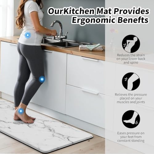 Marble White Kitchen Mats for Floor, Cushioned Anti Fatigue Non-Slip