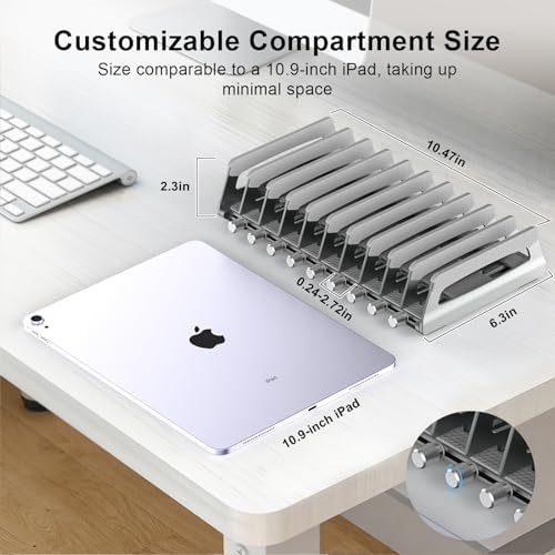 Elestoria 10-Slot Vertical Laptop Stand & Holder – Adjustable Aluminum Laptop Stand Vertical for Desk Fits 10 Devices, MacBook & Gaming Laptops (Up to 17.3”) – Space Saving Laptop Storage Rack - Grey