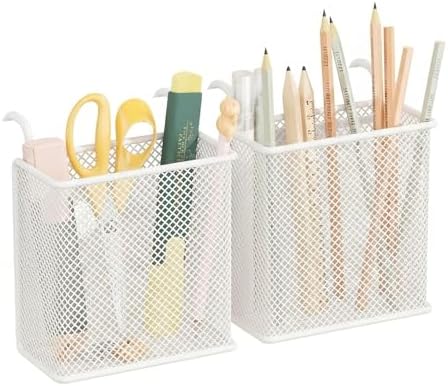 Metal striped cup with hook and loop, pencil cartridge, wall organizer, craft accessories, garage, home, office storage (black/white, square/round) (white1)