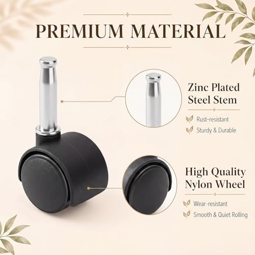 BBTO 8 Pcs 1.5 Inch M8 Swivel Stem Casters Wheels Replacement, M8 Grip Neck Stem Caster, Heavy Duty 360° Standing Desk Wheels, No Noise, Black Nylon, for Cart Furniture Table Cabinet Shelf