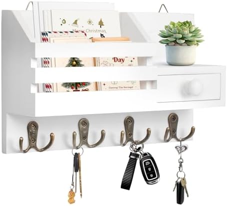Key Holder Wall Mount, Wooden Key and Mail Organizer, White