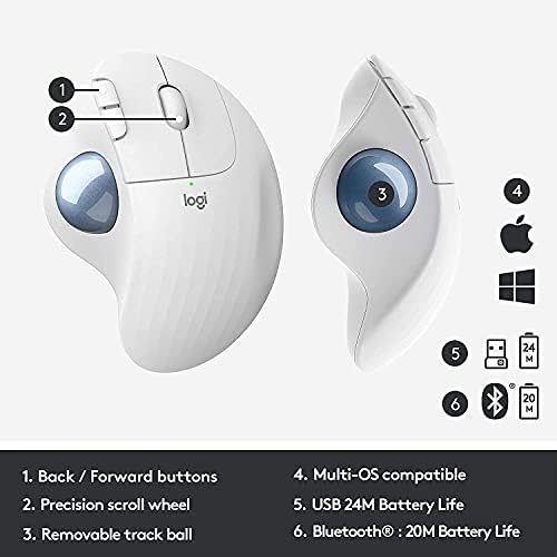 Logitech Ergo M575 Wireless Trackball Mouse, Easy Thumb Control, Precision and Smooth Tracking, Ergonomic Comfort Design, Windows/Mac, Bluetooth, USB - Off White (Renewed)