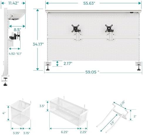 EUREKA ERGONOMIC Desk Pegboard Dual Monitor Stand 59x34 White