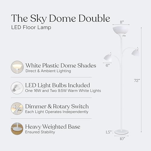 Brightech Sky Dome Double – High Brightness Torchiere Floor Lamp with 2 Reading Lights for Living Rooms, Bedrooms – Replace Halogen Standing Lamps with Efficient LED Office Lighting - Tall White Pole