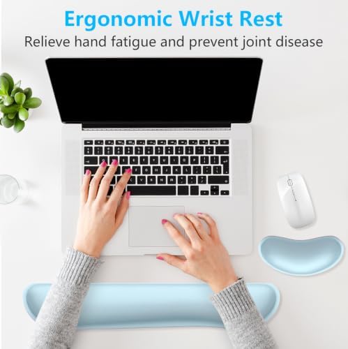 Dapesuom Enlarge Keyboard Wrist Rest, Memory Foam Wrist Cushion for Desk Mats Support, Cute Typing Pain Relief Keyboard Mouse Pad Rests Set with Non-Slip Base for Gaming Laptop Office, Sky Blue