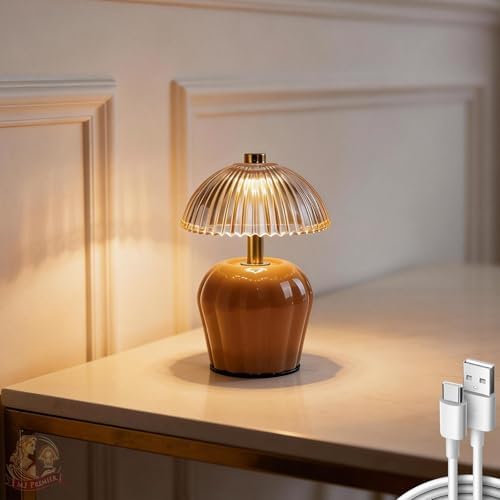 MJ PREMIER Rechargeable Table Lamp, Small Cordless Lamp with Timer, Brown
