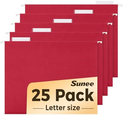 SUNEE Hanging File Folders, 25 Pack Letter Size Hanging File Folders with 1/5-Cut Tabs, Ideal for Home and Office Organization and Papers Classification,Red