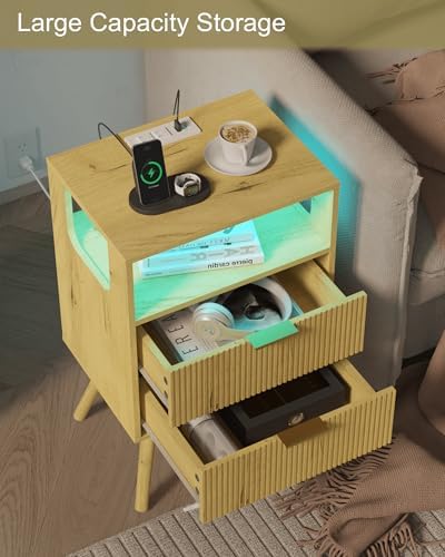 JOONEE Nightstand with Charging Station and LED Lights,Modern Bedside Table with 2 Storage Drawer and Open Wood Shelf, for Bedroom and Small Spaces,Night Stand with Solid Wood Legs (Yellow Oak)