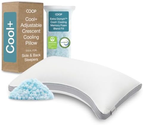 Coop Home Goods Cool+ Crescent Adjustable Pillow, Queen Size Plus Shaped Memory Foam Pillows with Cooling Gel, Neck Support, Back or Side Sleeper Pillow, CertiPUR US/GREENGUARD Gold