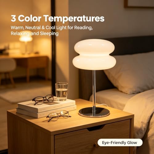 Bedroom Mushroom lamp, Medieval Modern Bedside Table lamp, dimmable Retro Egg Tart Headlight, Unique Home Mushroom Decoration Aesthetic Lovely Living Room Desk lamp (White)