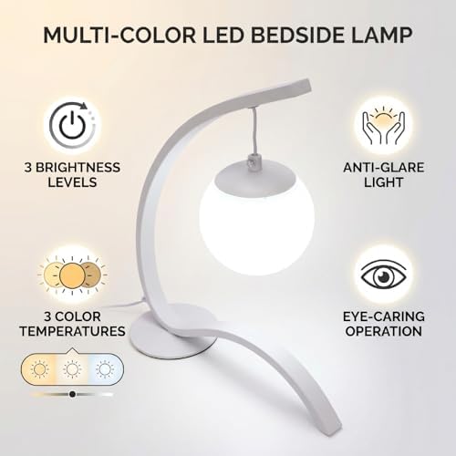 Naroote LED Bedside Lamp Iron PVC Nightstand Lamp 3 Brightness 3 Color Temperatures Anti Glare Desk Light for Bedroom Reading Study Home Hotel (White)