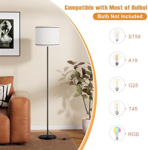 Ambimall 60'' Modern Floor Lamp with Shade, Tall Lamps for Living Room, Bedroom, Office, Dining Room, Beige Lampshade with Black Stripes(Without Bulb)
