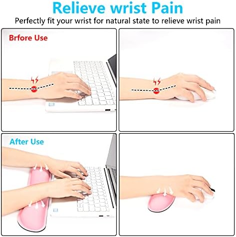 Dapesuom Keyboard Wrist Rest Set, Cute PU Leather Wrist Cushion for Computer Keyboard and Mousepad, Memory Foam Mouse Pad Rests Support with Non-Slip Base for Typing Pain Relief, Laptop, Pink
