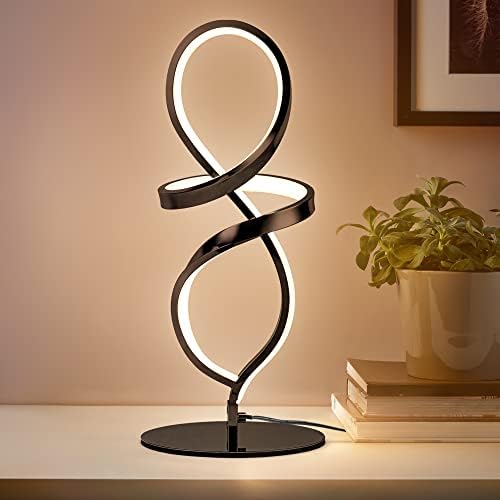 Modern Small Table Lamp with LED Spiral Design, 12W Black Nightstand Lamp
