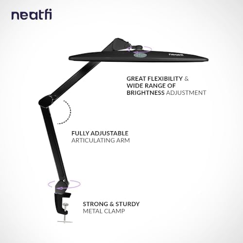 Neatfi Elite HD XL Task Lamp | 22-Inch Wide | 2,260 Lumens | 3 Color Temperature Modes | Non-Polar Dimming Desk Lamp (Black-2, CCT with Clamp)