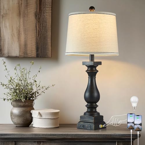 28" Tall Farmhouse Table Lamps with USB C+A Ports and AC Outlet, 3 Way Touch Control Rustic Bedside Lamps for Bedroom, Black Vintage Nightstand Lamps for Living Room Office