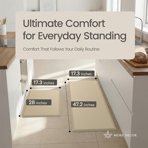 Anti Fatigue Kitchen Mats for Floor | Padded Kitchen Rugs | Non Slip, Cushioned Standing Desk Mat | Waterproof Floor Mat | 17.3" x 28" x 0.47" & 17.3" x 47.2" x 0.47", Beige, 2-Pack | More Décor
