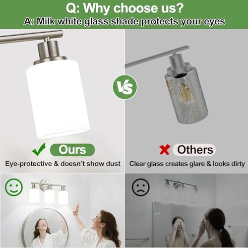 Zarbitta 3-Light Bathroom Light Fixtures, Brushed Nickel Vanity Light, Farmhouse Wall Lights with Milky White Frosted Glass Shades, Bathroom Wall Lamp for Mirror Kitchen Bedroom Hallway Living Room