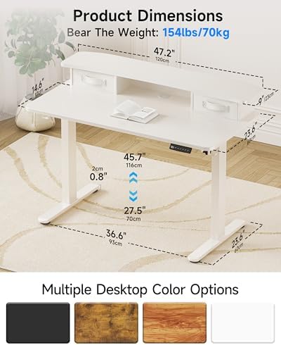 BIZUM Standing Desk with 2 Drawers Computer Desk-Stand up Desk Home Office Gaming Memory Desks C-Clamp Mount Compatible, 48x24 Inch White