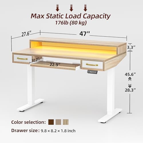 TIQLAB Standing Desk with Two Drawers, Stand Up Standing Desk Adjustable Height, Electric Sit Stand Table with Storage Shelf and Splice Board, with LED Light, 47 * 28 inch, Maple