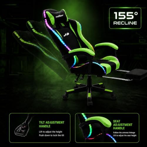 Redeer Led RGB Gaming Chair with Speakers Massage & Footrest, Reclining Gamer Chair for Adults, Video Game Chairs with Canopy, Heavy Duty Gaming Chair Massage, 350LBS Green