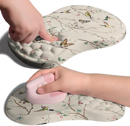 Ergonomic Joint Wrist Support Mouse Pad with Memory Foam Cushion Massage Bump, Carpal Tunnel Pain Relief Mousepad Slope Design for Wrist Rest, 11.8x7.9 in, Butterfly Hummingbird