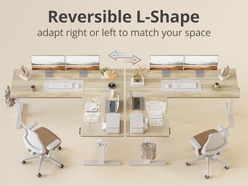 TIQLAB L Shaped Standing Desk Adjustable Height, Reversible Electric Corner Standing Desk, 63 x 55 inch Sit Stand Computer Table with Splice Board, Maple
