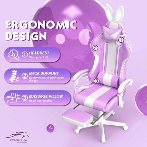 Ferghana Kawaii Light Purple Gaming Chair with Bunny Ears, Ergonomic Cute Gamer Chair with Footrest and Massage, Racing Reclining Leather Computer Game Chair 250lbs for Girls Adults Teens Kids