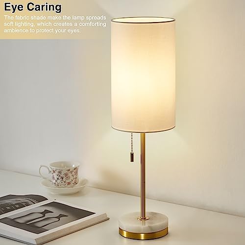 Desk Lamp & Table Lamp Set of 2, Bedside Lamps for Night Stands - Modern Small Table Lamps with Marble Base, Fabric Shade, Mini Pull Chain Bedroom Lamps for Living Room, Office, Reading (Gold)