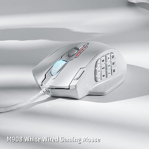 Redragon M908 Impact RGB LED MMO Gaming Mouse with 12 Side Buttons, Optical Wired Ergonomic Mouse with Max 12,400DPI, High Precision, 18 Programmable Macro Shortcuts, Comfort Grip, White