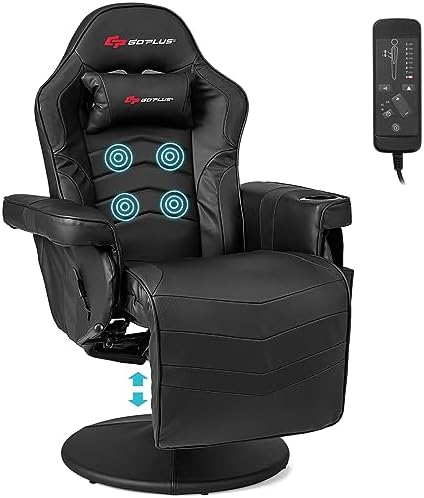 Goplus Gaming Chair, Height Adjustable Massage Video Game Chair with Retractable Footrest, Cup Holder, Headrest, Swivel Office Chair, Racing Style Swivel Gamer Chair (Black)