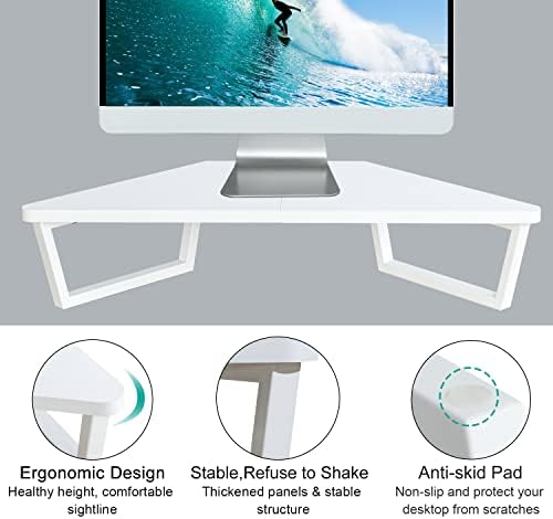 TEAMIX 26 inch White Triangle Monitor Stand Riser, Desktop Corner Shelf with Metal Leg Wood Computer Stand with Storage Laptop Riser Office Organization