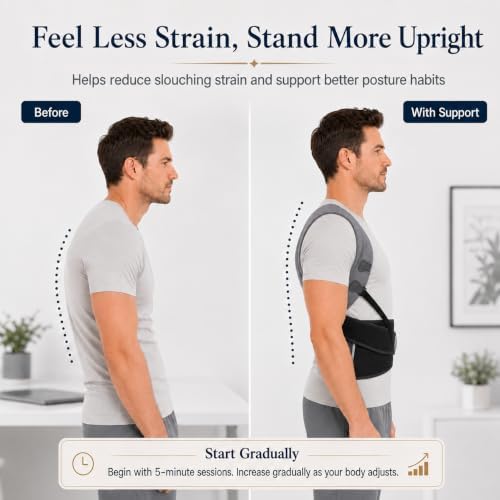 Posture Corrector for Men, Adjustable Upper Back Brace with Breathable Mesh Back, 4 Flexible Support Stays & Underarm Fit Adjustment, Back Straightener Helps Reduce Slouching Strain for Desk Work, Sitting, Reading & Posture Training