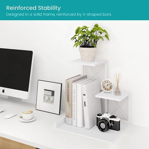 ELITEROO Desk Shelf, Wood Small Bookshelf Desktop Shelves and Organizer, Freestanding 3 Tier Storage Display Stand Home Office Decor for Books Plants Toys, White
