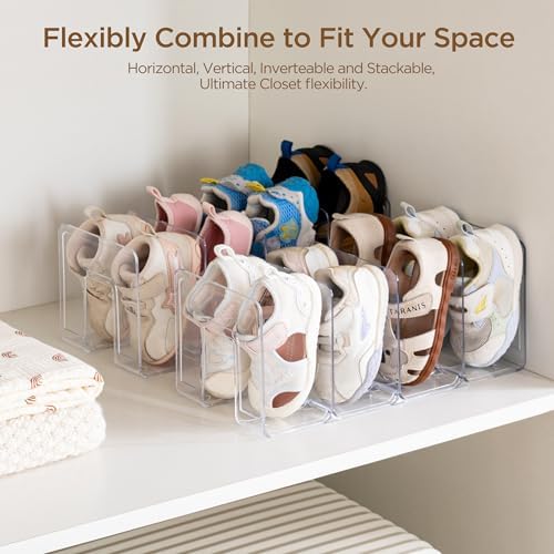 HBlife Clear Acrylic Kids Shoe Rack for Closet Organizers and Storage, Small Shoe Rack 4 Sections Toddler Baby Shoe Storage Organizer Stackable Shoe Shelf,Desk File Sorter Book Purse Organizer(2 Pack)
