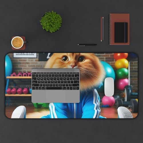 Cat in a Tracksuit Stretching Before a Workout Vibrant Desk Mat for Adults