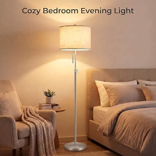 Qingmiao Brushed Nickel Floor Lamps for Living Room, 55"-67" Height Adjustable Modern Tall Lamp, 3-Way Dimmable Standing Lamp for Bedroom Office Reading Corner Home Decor, New House Warming Gifts