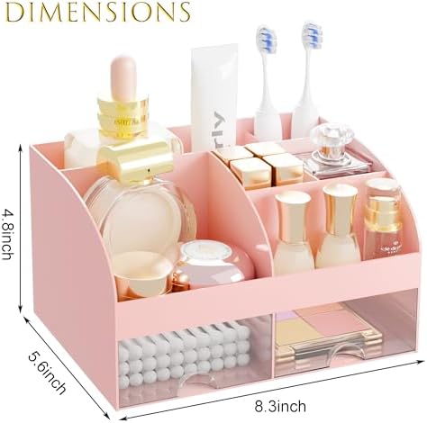 Makeup Organizer with 2 Drawers, Cosmetic Storage for Dresser Vanity and Bathroom Countertop,Make up organization and Skincare Storage with Beauty Brush Holder, Cosmetic Display Case (Pink)