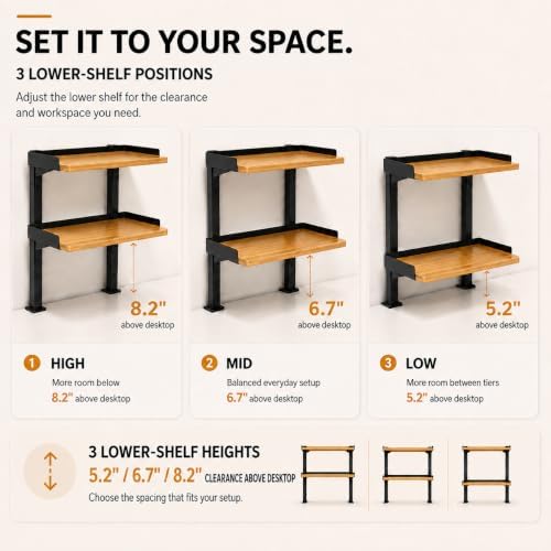 13" Clamp-On Desk Shelf, 2-Tier Bamboo Desktop Organizer