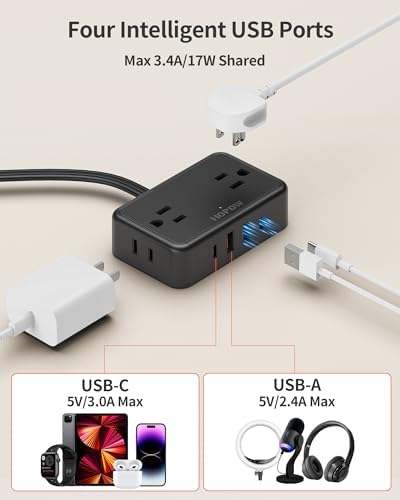 HOPOW Flat Plug Extension Cord, 4AC&2A2C, 6 FT Power Strip for Travel