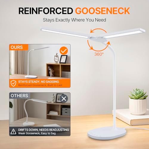 G Keni LED Desk Lamp, 2400 Lux Bright Desk Lamp for Home Office, Dual Head Adjustable Desk Lamp with 5 Color Modes, Stepless Dimming, 360° Gooseneck, Auto Timer, Eye Caring Task Light